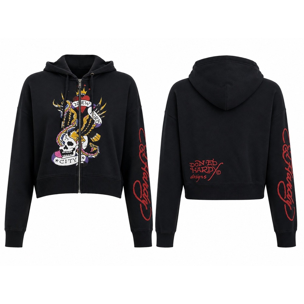 Ed Hardy Hoodie Women XL Black Skull Snake Tattoo Graphic Zip Y2K Streetwear